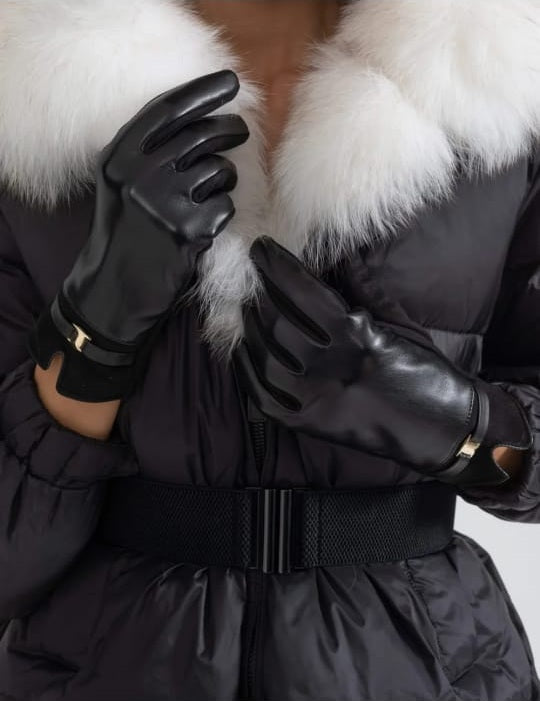 Vegan Leather And Suede Gloves With Gold Buckle Detail - Black