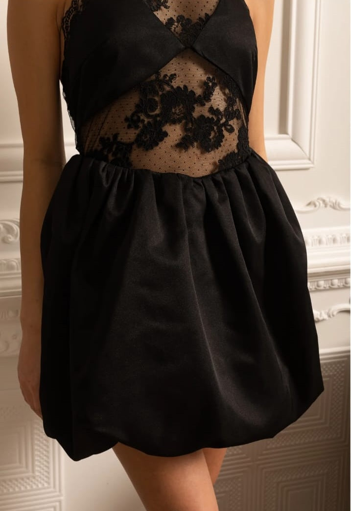 Mini Dress With Ruffled Skirt And Sheer Floral Lace Patterns - Black