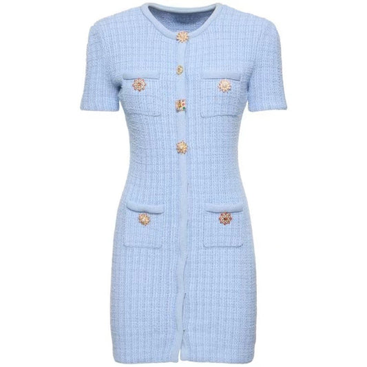 Blue Button Design Short Sleeve Waist Dress