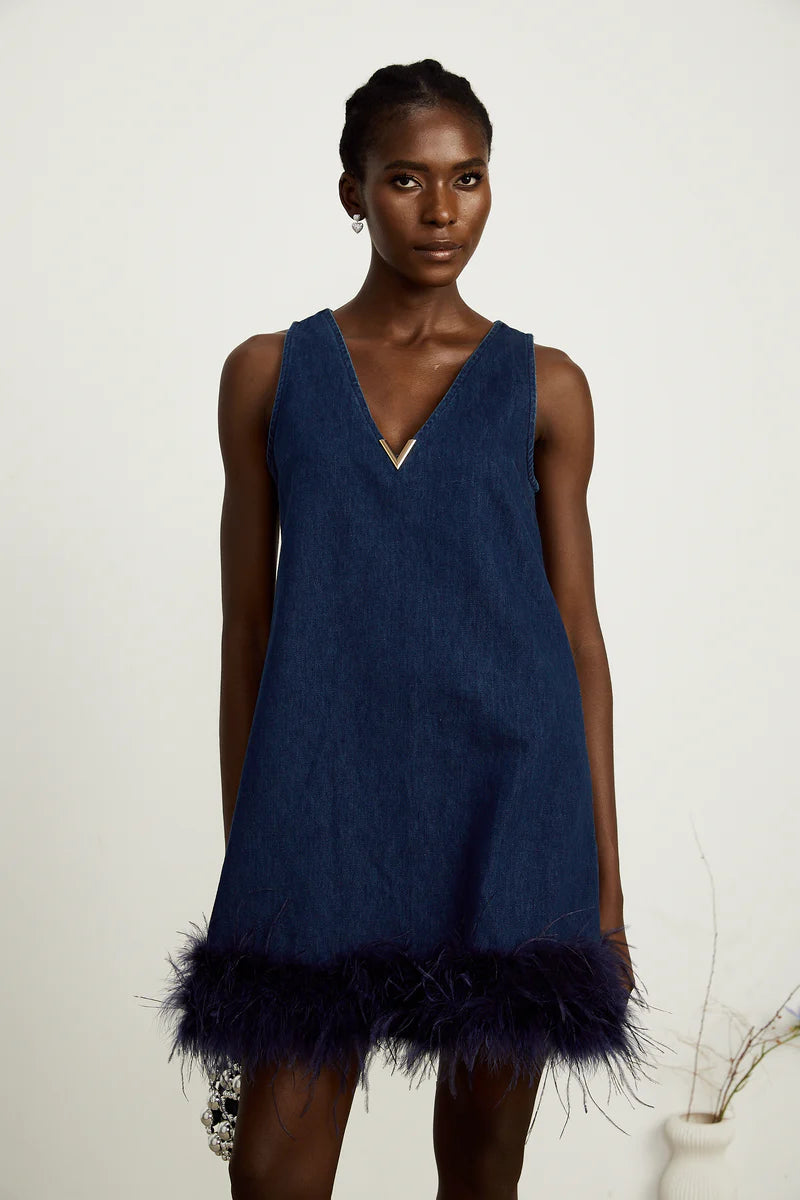 Selene bleu sans manches en plume-trim mini robe