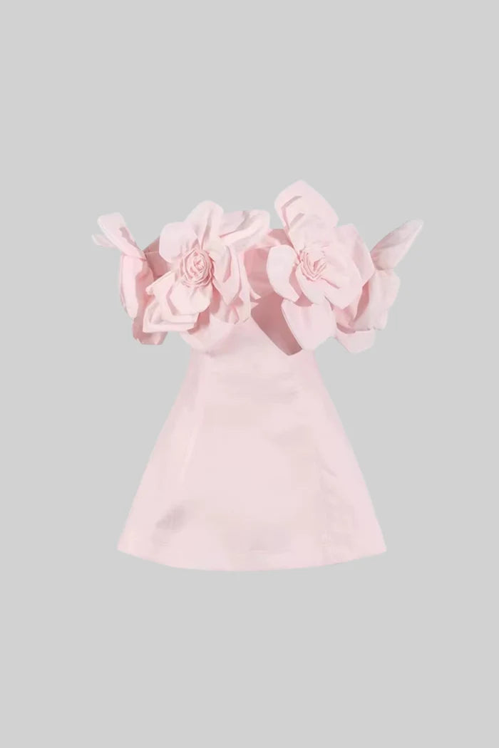 Off-Shoulder Mini Dress With Large Fabric Floral Accents