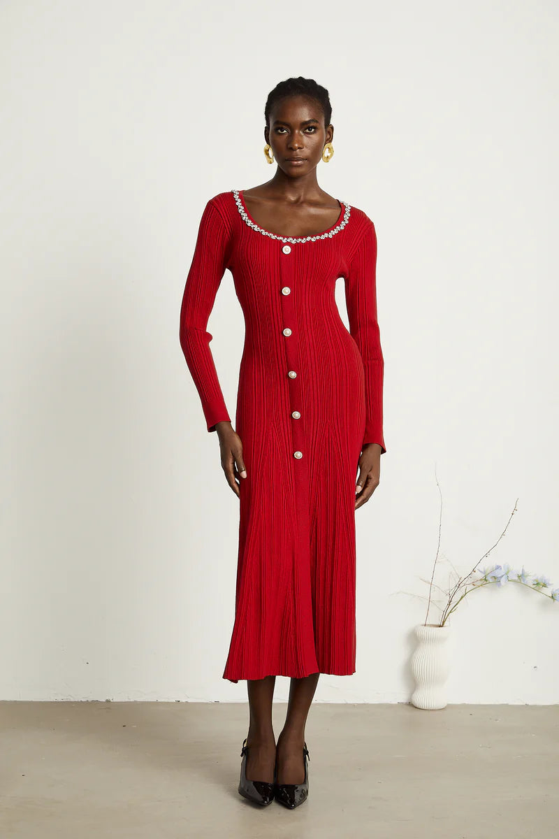 Anaxarete red embellished knitted midi dress