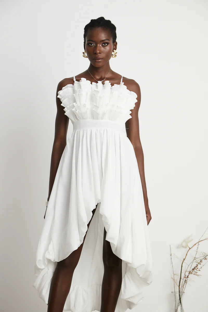 Raphaëlle white ruffled pleated midi dress