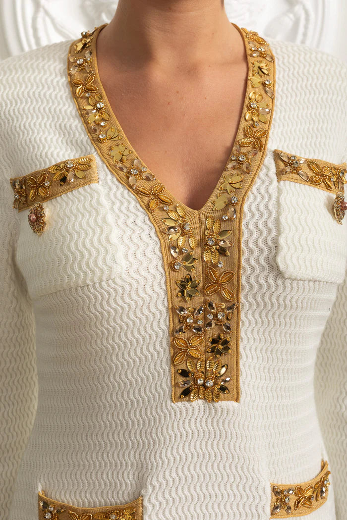 Textured Mini Dress With Long Sleeves And Gold Detailing - White