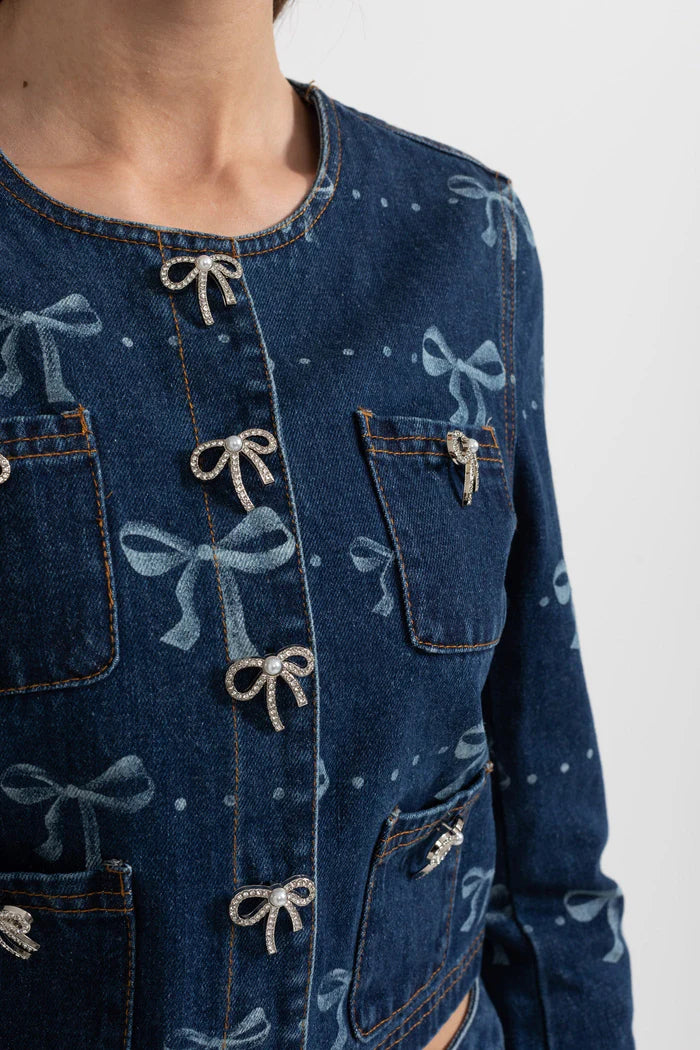 Denim-Koordinat-Ensemble mit langärmer Jacke und Weitbein-Jeans-Blau