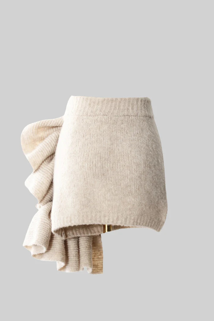 Knitted Three-Piece Set with Sculptural Ruffle Details - Beige