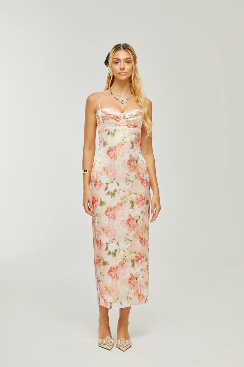 Yvette pink floral-print satin maxi dress