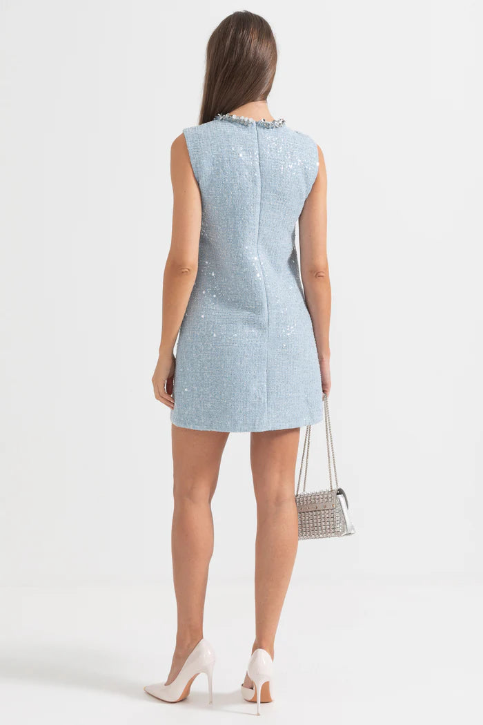 Textured Sleeveless Mini Dress With Sparkling Collar Details - Blue