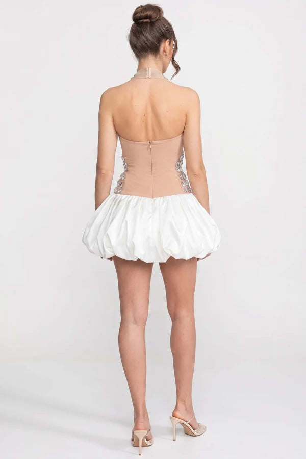 Crystal-Embellished Halter Mini Dress With Bubble Skirt - White