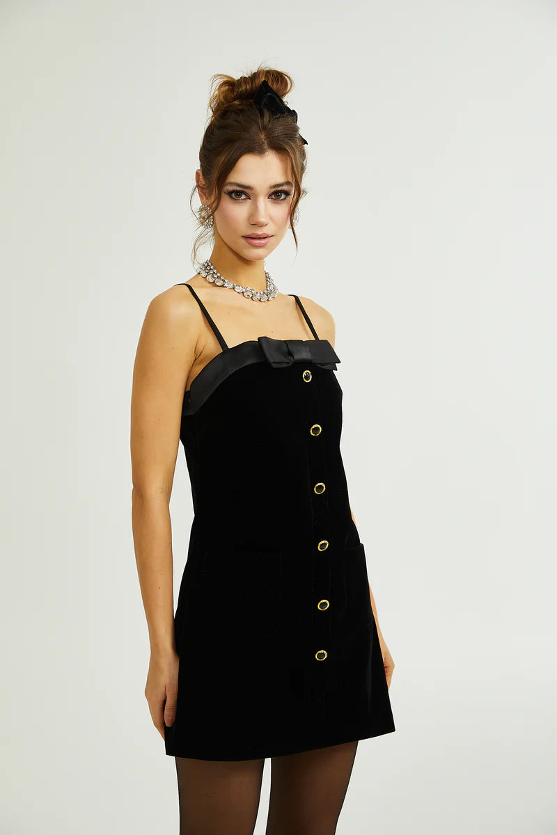 Réeva Bow Embellifhed Velvet Mini Robe