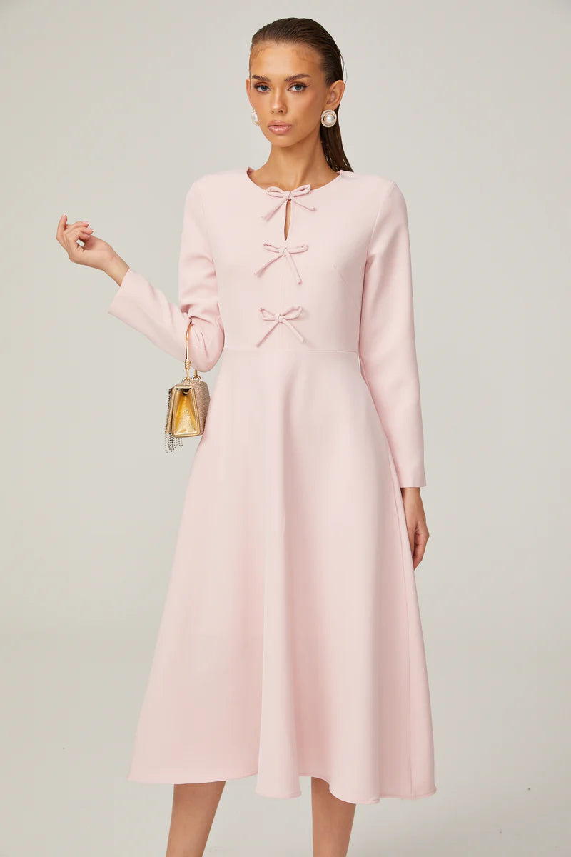 Elise pink bow-detail split-neck midi dress