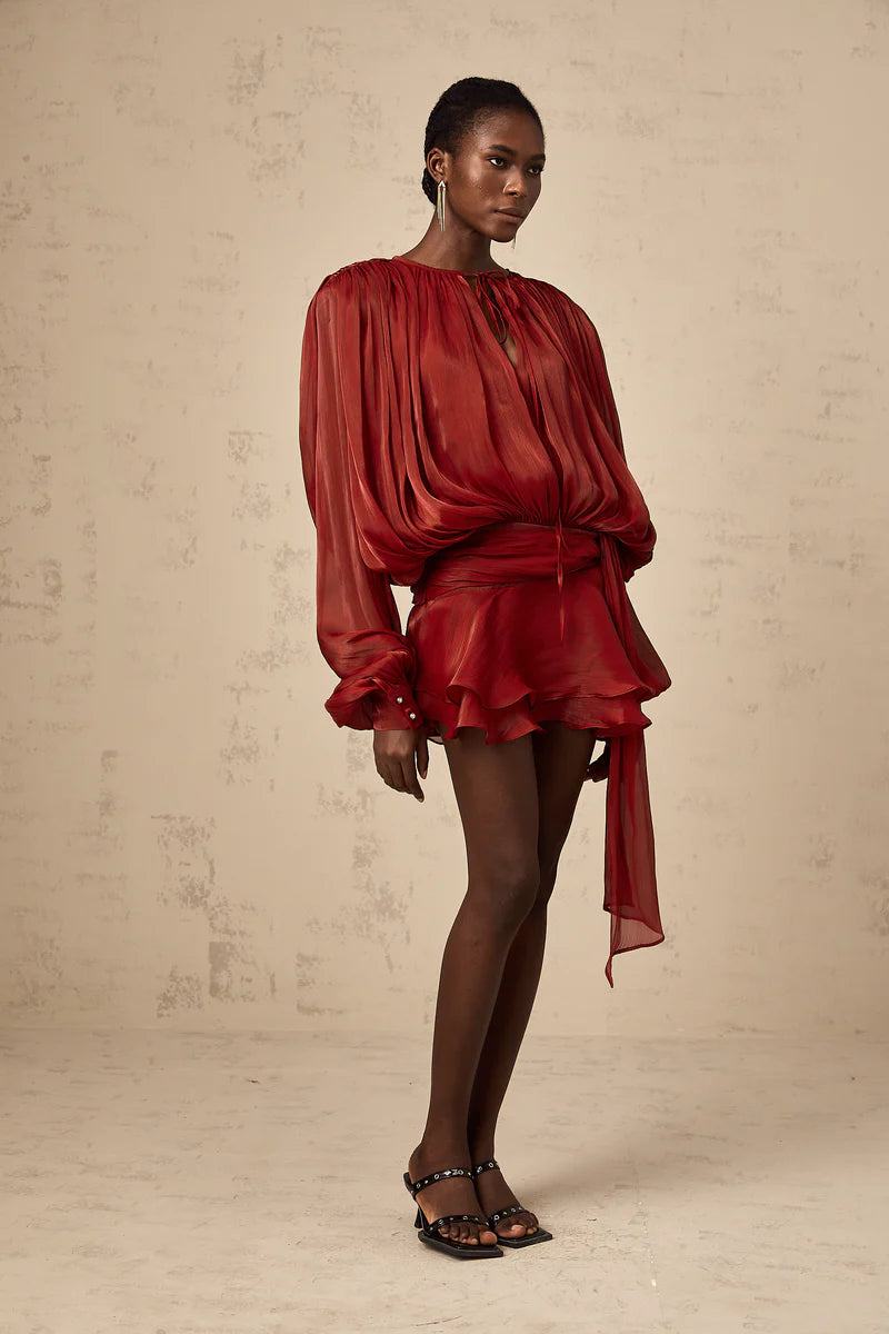 Eugénie Mini robe à volants entièrement plée en rouge