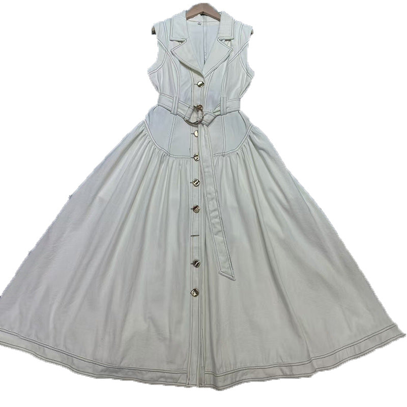 High-end lace-up solid color sleeveless long skirt