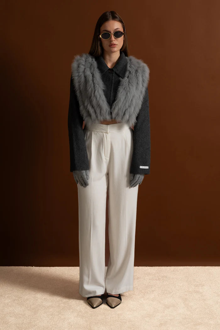 Wool Cropped Jacket with Fox Fur Collar – Charcoal Grey