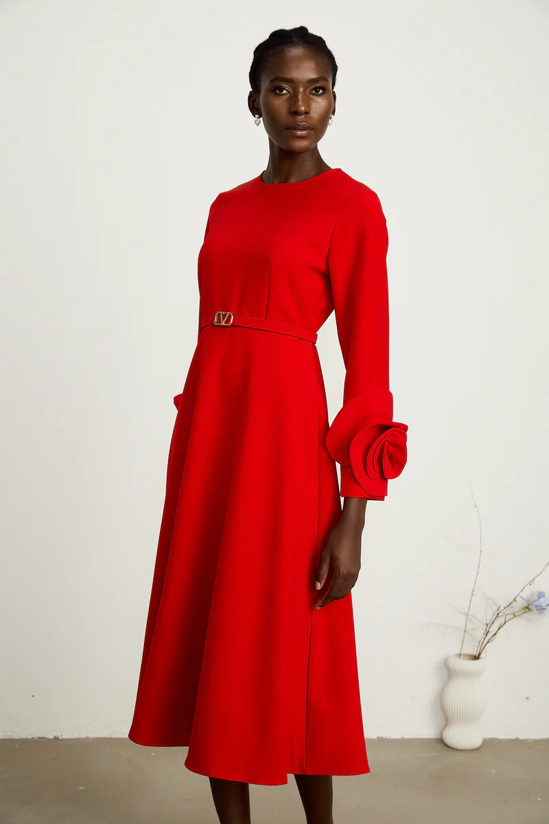 Coralie red long-sleeve floral-appliqué midi dress