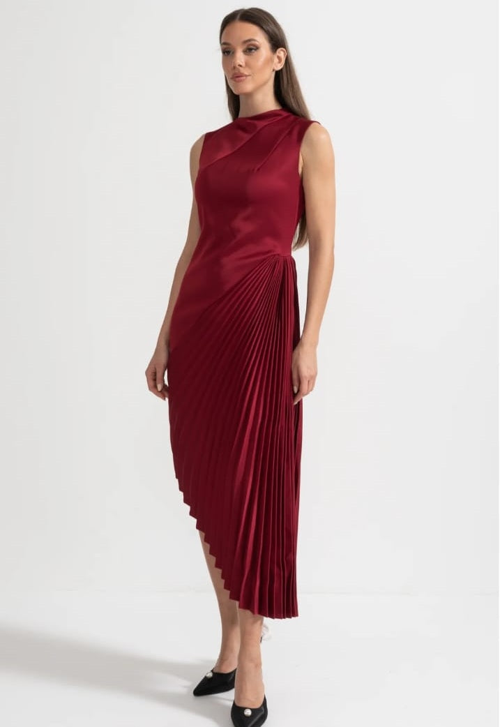 Asymmetrical Sleeveless Dress With Pleated Detailing Midi Skirt - Red
