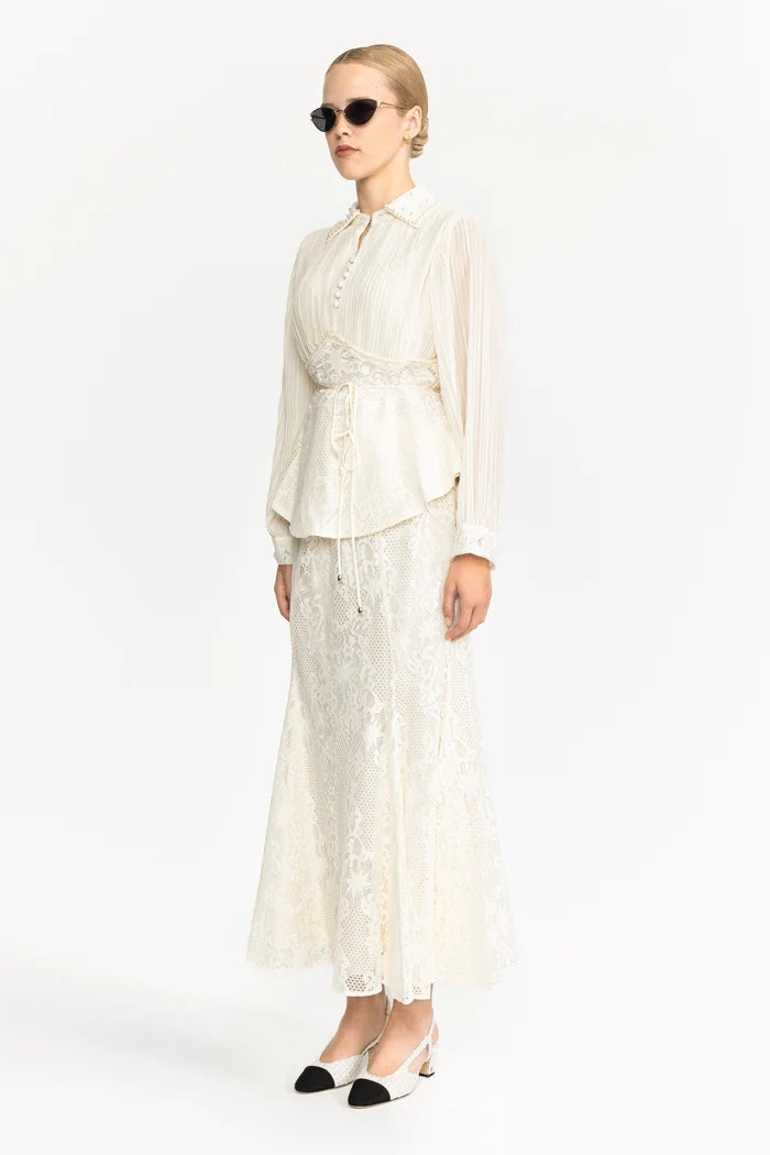 Pleated Chiffon Lace Peplum Blouse and Maxi Skirt Set - Ivoire
