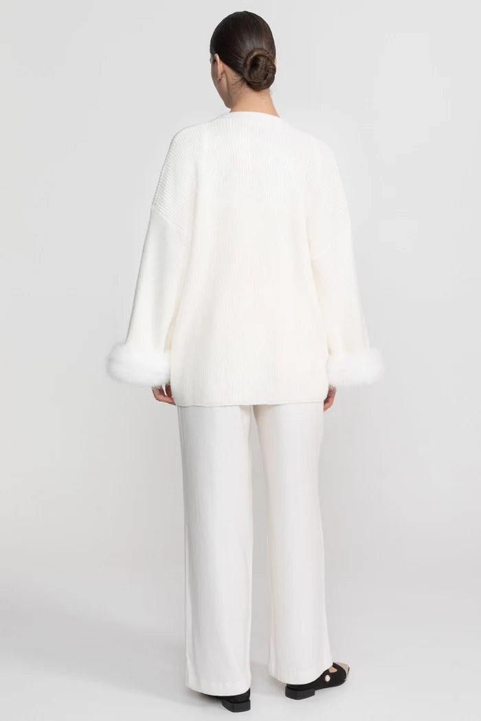 Knit Two Piece Set With Crystal Embellishments And Trim Cuffs - White