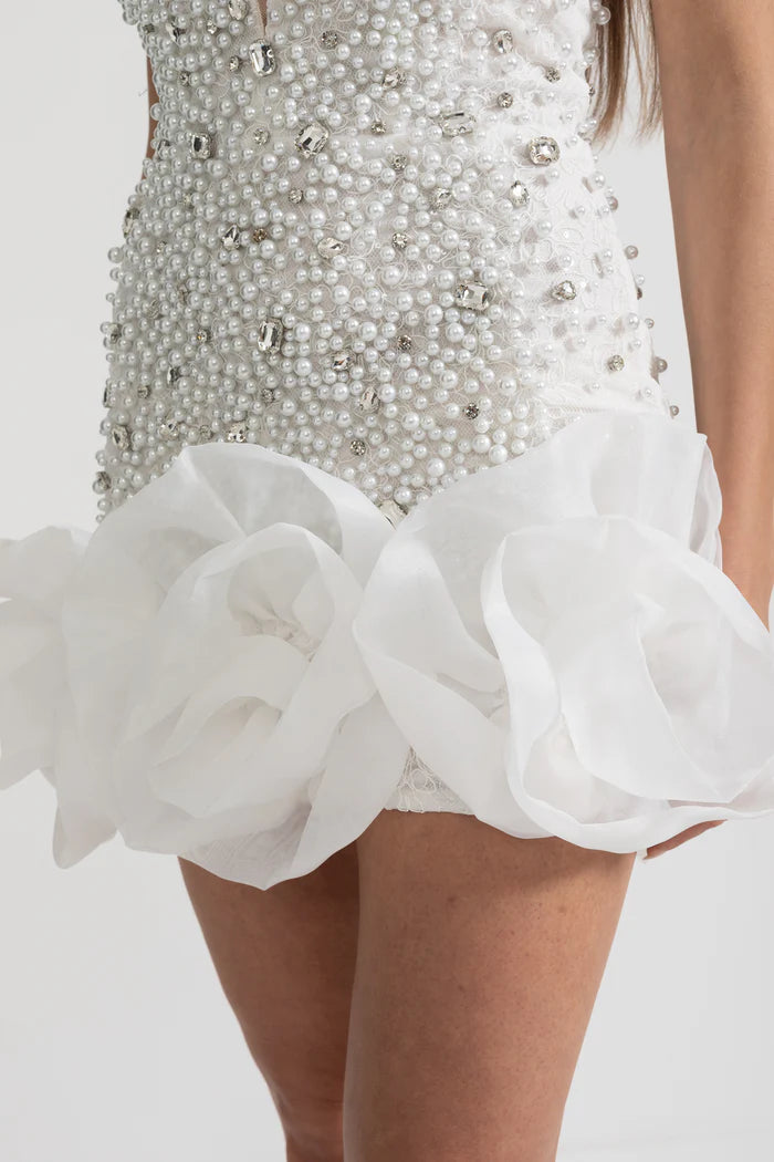 Sleeveless Mini Dress With Deep V-Neckline And Intricate Pearl And Bead Embellishments - White