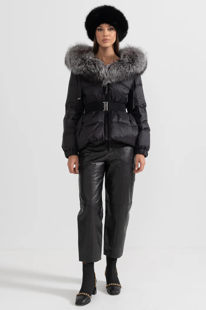 Puffer Jacket With Waistbelt And Gray Fox Fur-Lined Hood - Black