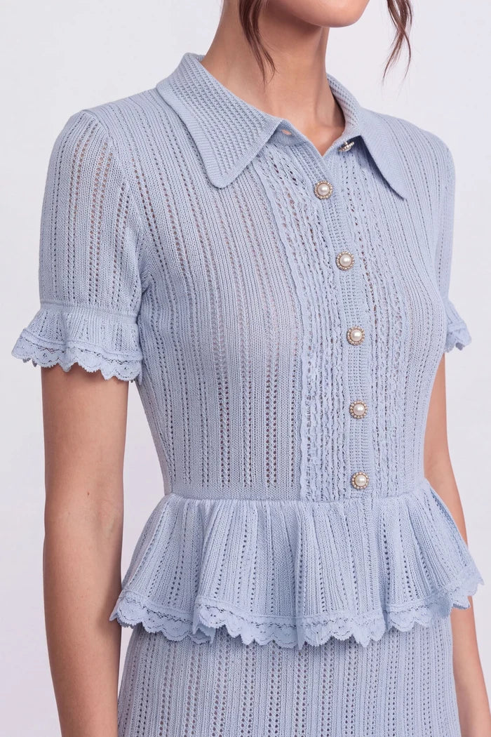 Polo-Collar with Button Top and Mini Skirt Set - Blue