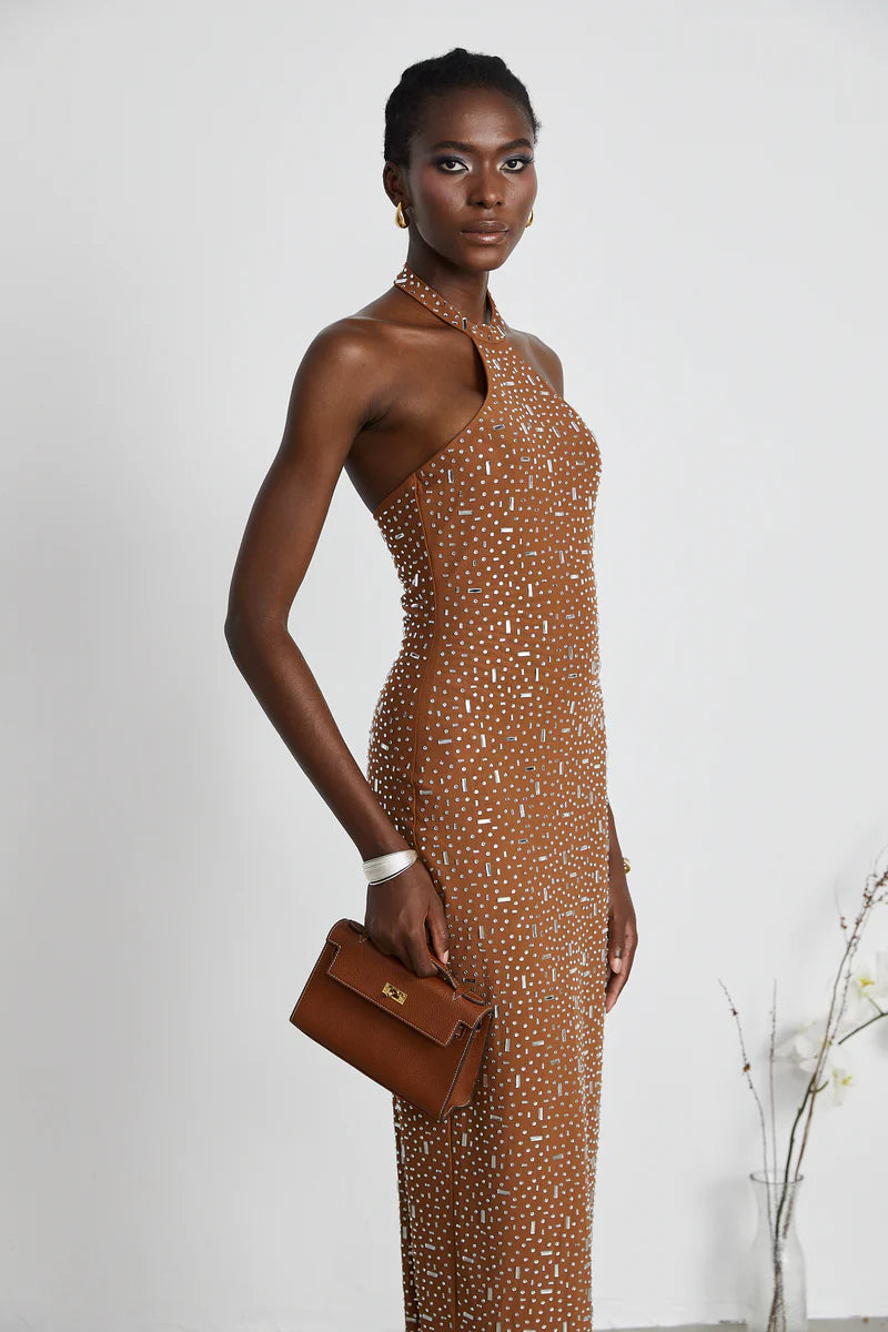 Désirée brown embellished halter neck bodycon maxi dress
