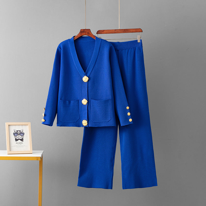 Metal buckle knitted cardigan sweater wide-leg pants set