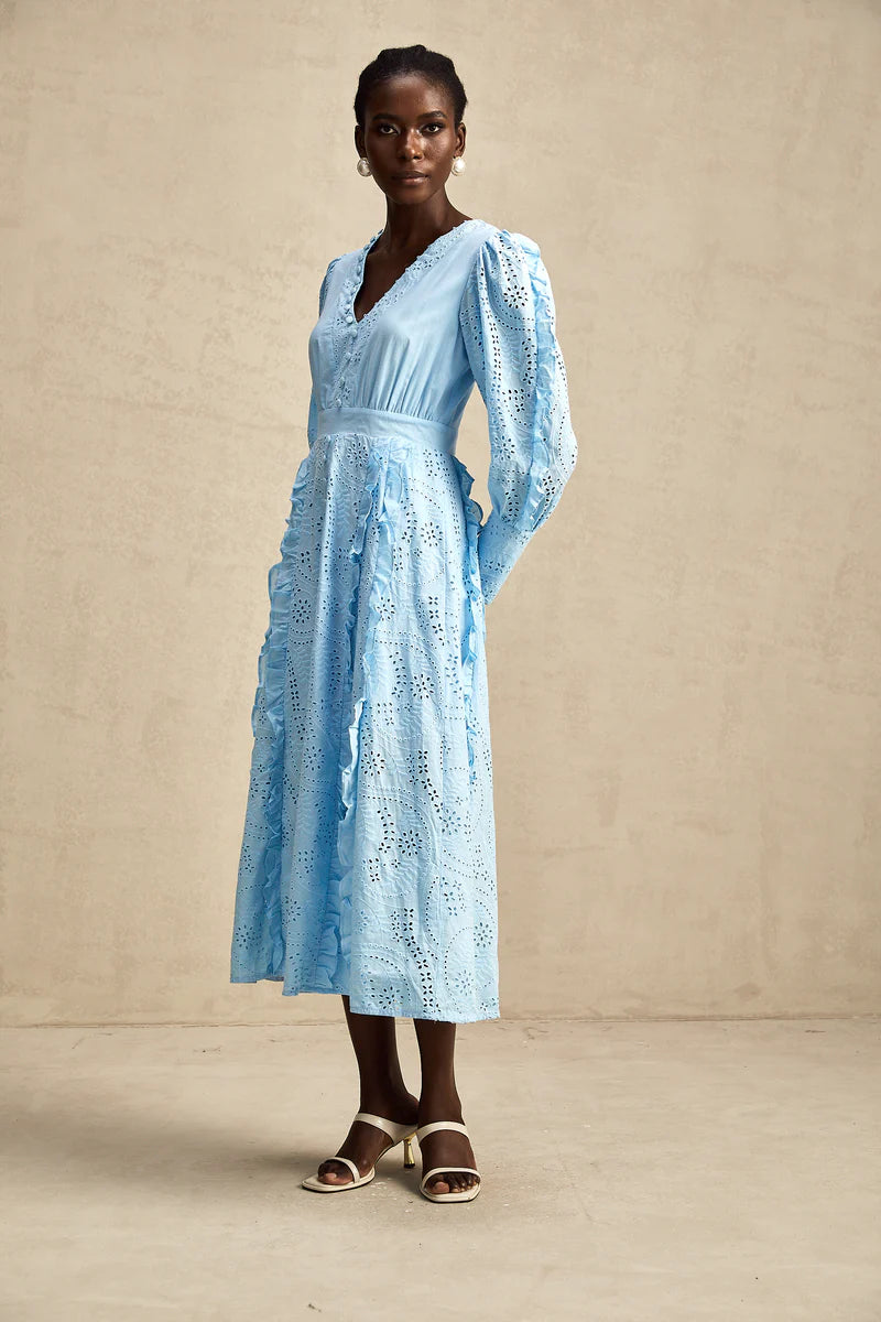 Raphaëlle blue open-work ruffled midi dress