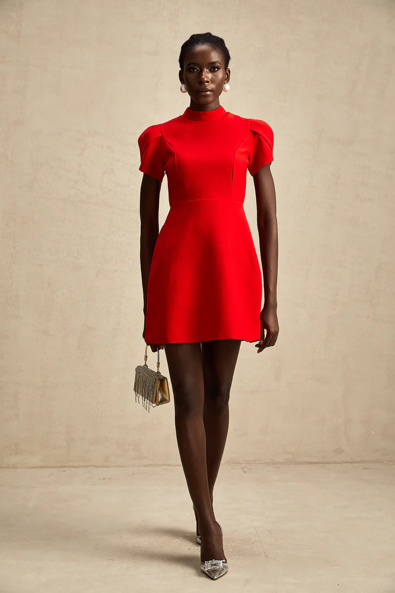 Anna Red Petal-Sheeve Cut-Out Bow Bow Robe