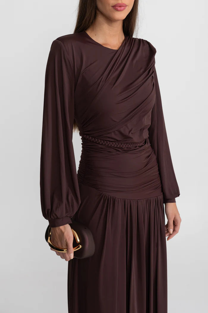 Draped Maxi Dress with Braided Waist Detail - Brown