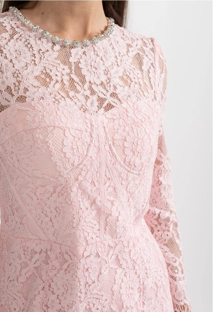Elegant Long Sleeve Lace Dress With Matching Waist Belt - Pink