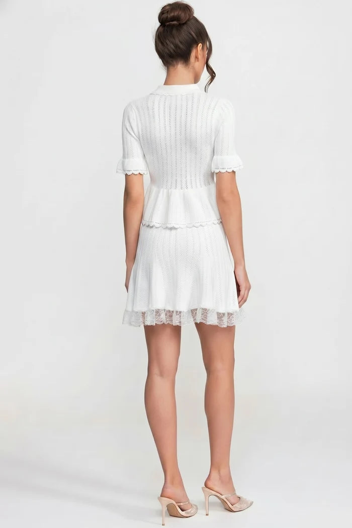 Peter-Pan Collar Knit Peplum Co-Ord set With Lace Hem - White