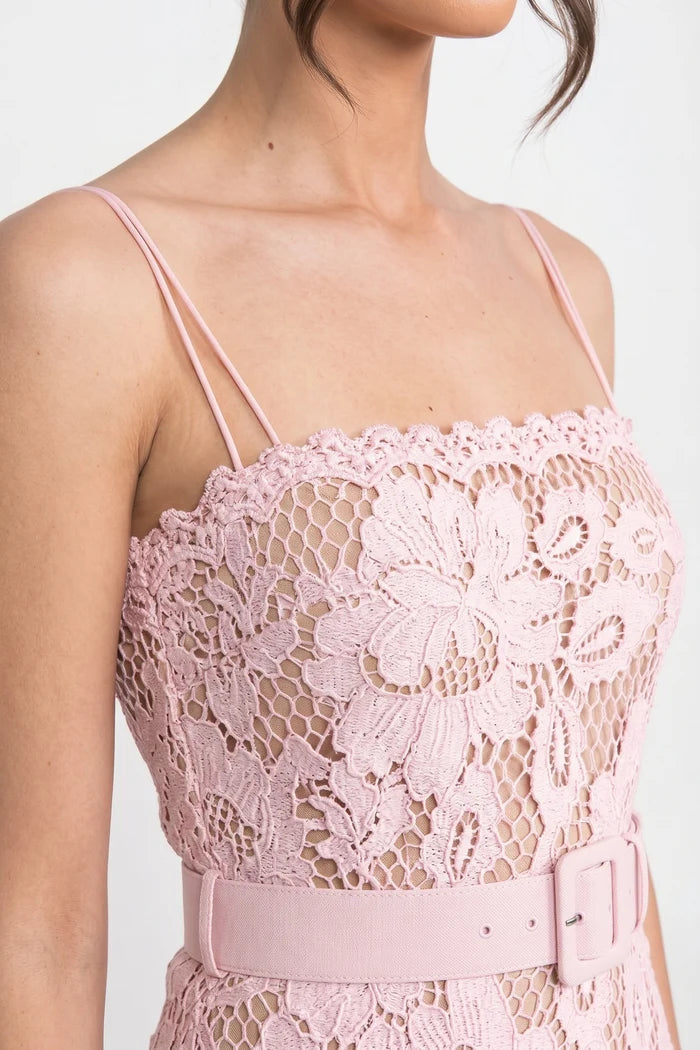 Lace Midi Dress With Belted Waist And Flounce Hem - Pink