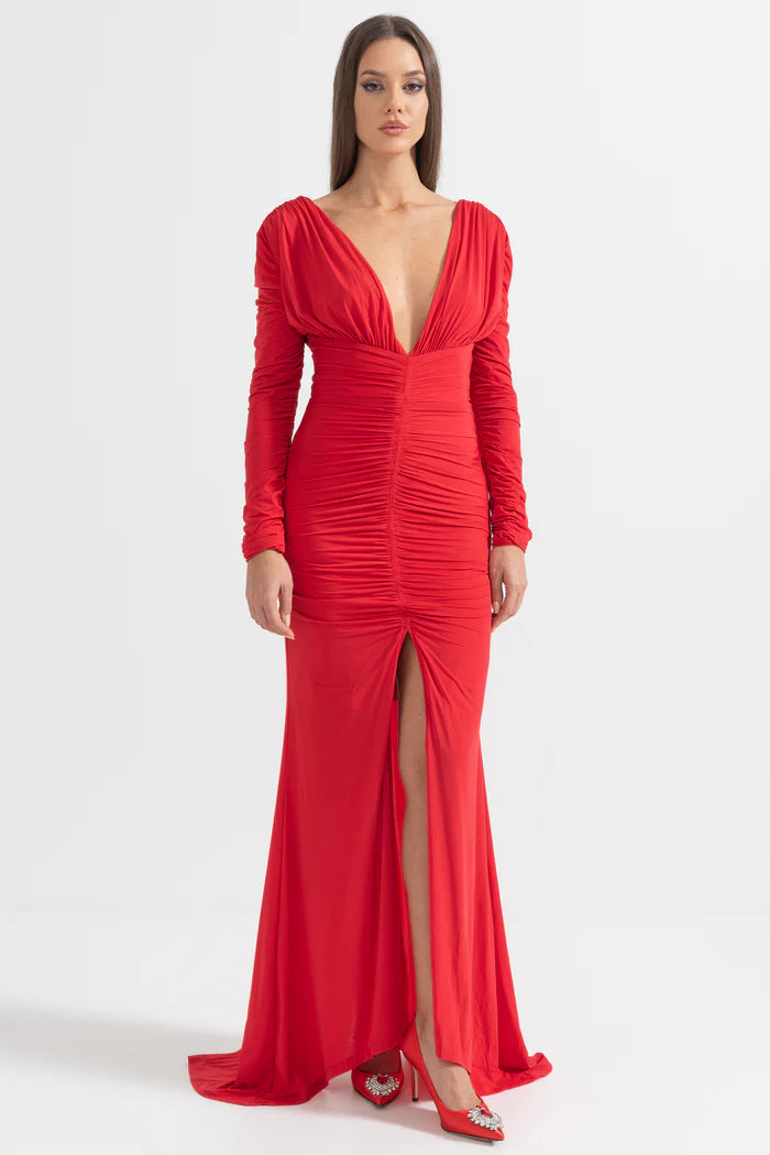 Elegant Ruched Dress With Deep Neckline - Red