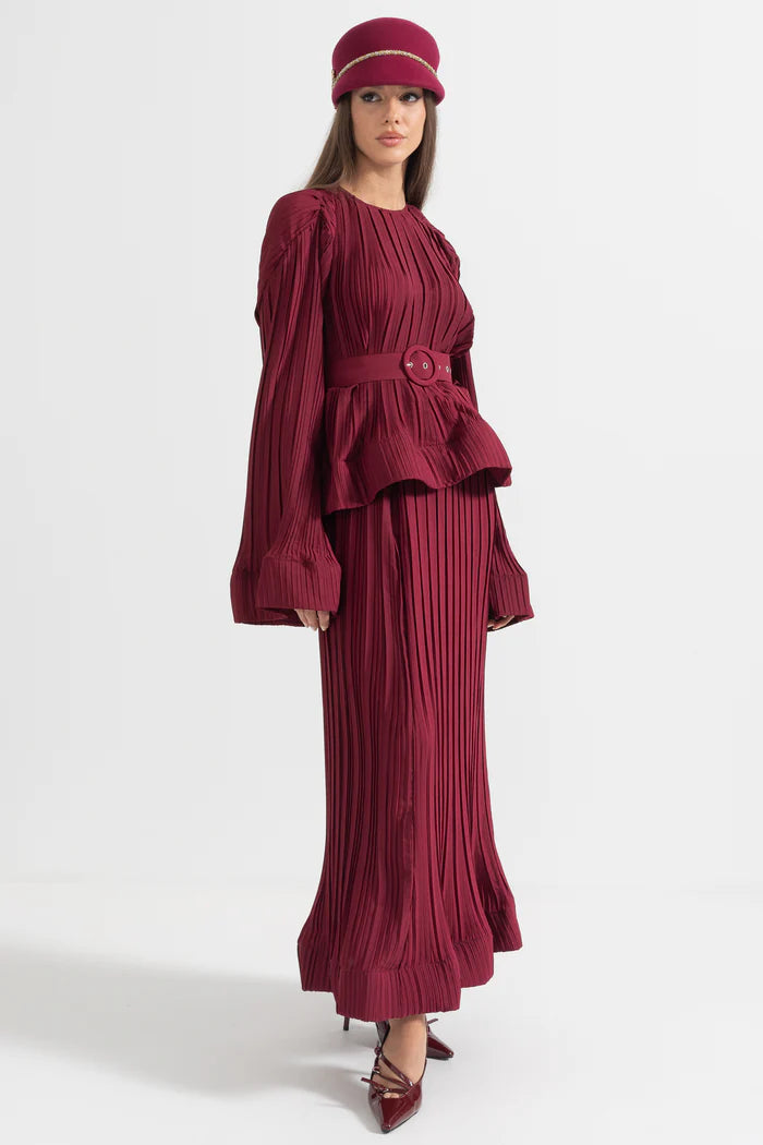 Elegant Ensemble With Pleated Top And Maxi Skirt - Burgundy