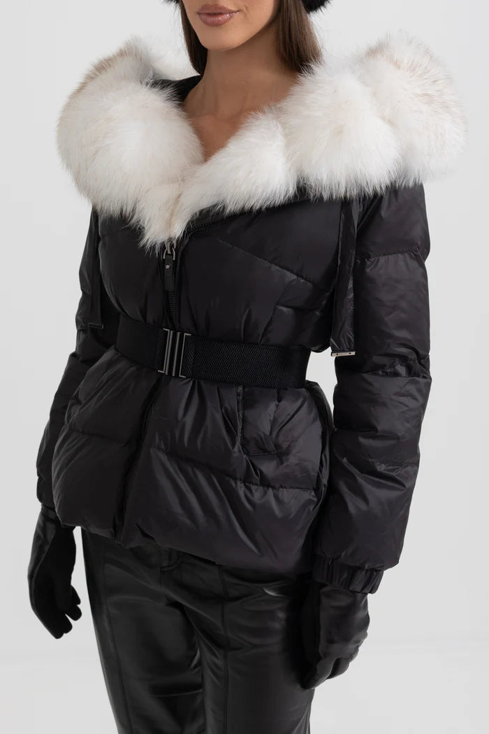 Puffer Jacket With Waistbelt And White Fox Fur-Lined Hood - Black