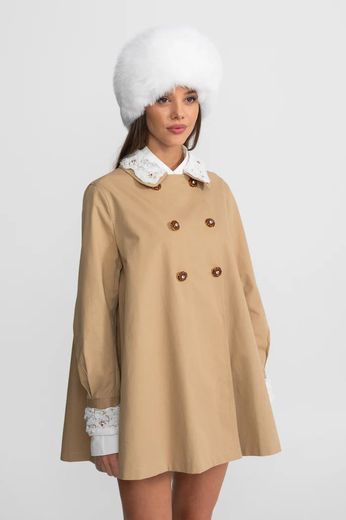 A-Line Trench Mini Dress With Embroidered Collar – Camel