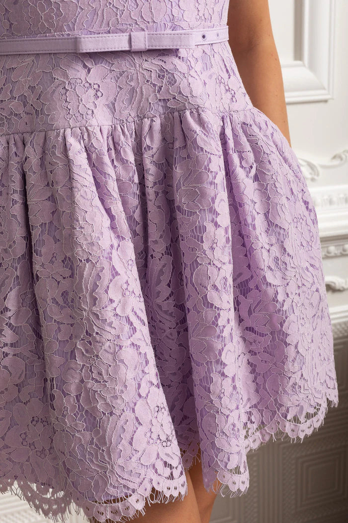 Sleeveless Lace Mini Dress with Belted Waist and Scalloped Hem - Purple