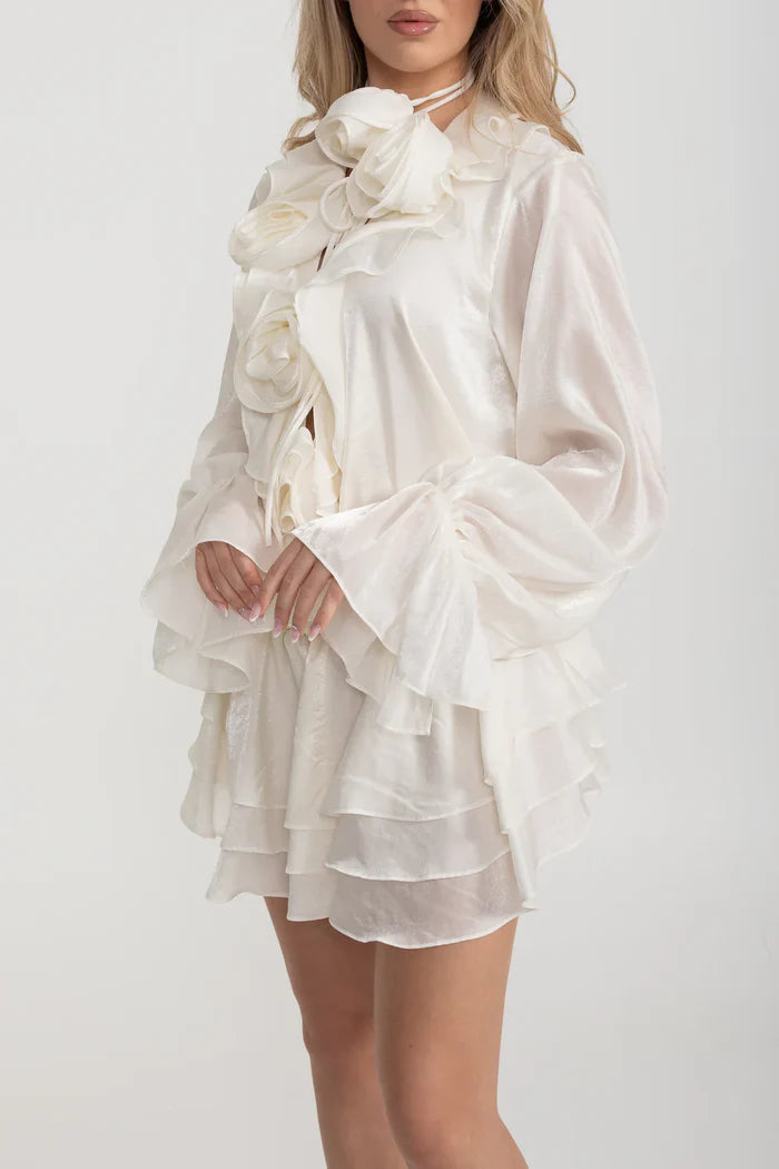 Flowing Sheer Dress With Floral Appliques And Long Puffy Sleeves - Ivoire