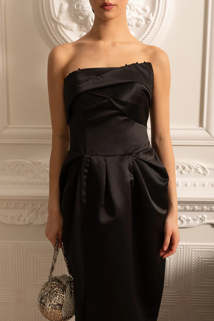 Strapless Midi Dress With Ruched Chest Detailing - Black