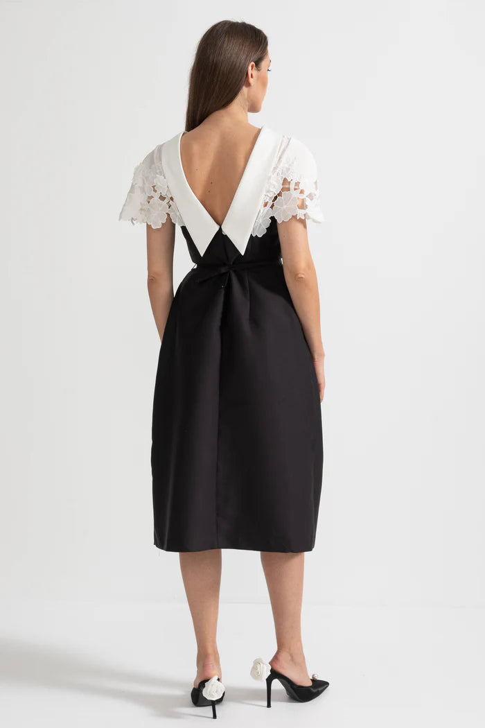 Elegant Midi Dress with Contrasting Floral Lace Cape Detail - Black