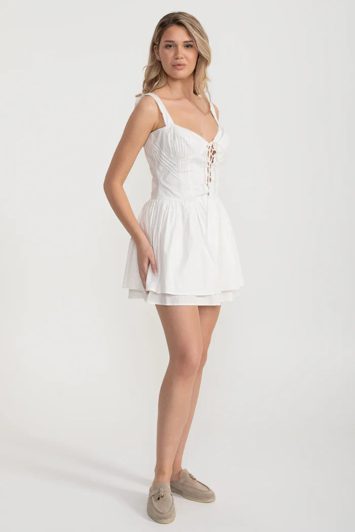 Corset Style Sleeveless Dress With Lace-Up Front Detailing - White