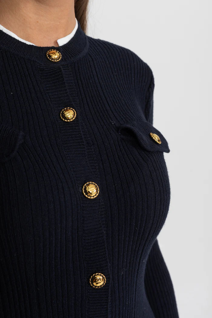 Ribbed Knit Midi Dress with Gold Button Fastening - Dark Blue