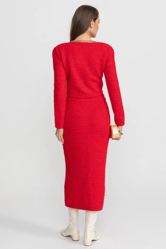 Textured Tweed Co-Ord Set with Gold Trim and Crystal Buttons – Red