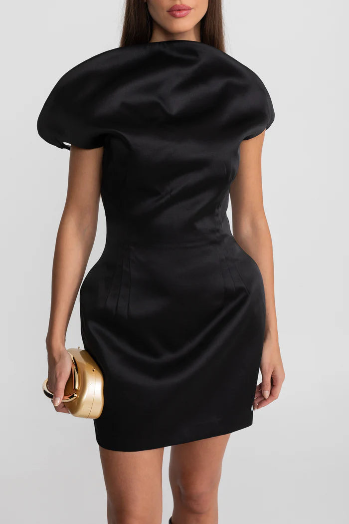 Satin Mini Dress with Sculptural Shoulder Detail - Black