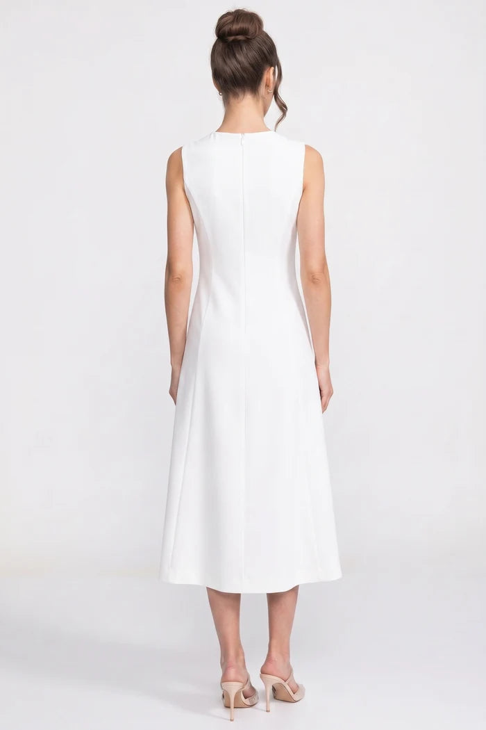 Sleeveless Midi Dress With 3D Floral Appliqué And Full Skirt - Whit