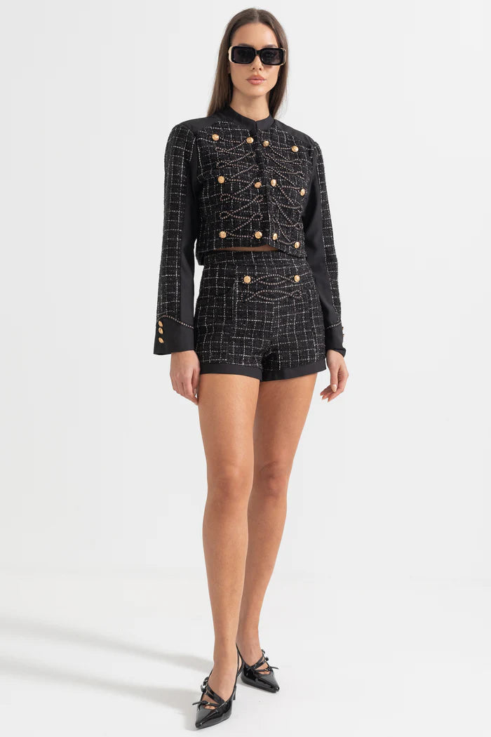 Two Piece Tweed Ensemble With Square Pattern And Gold Details - Black