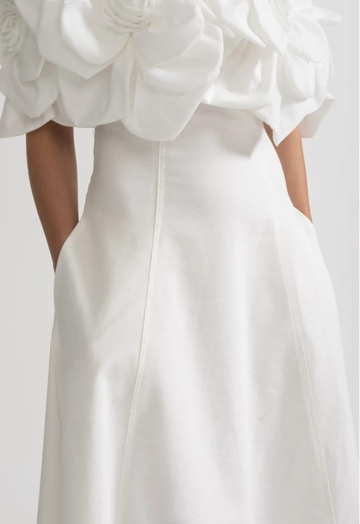 Off-Shoulder Midi Dress With Large Fabric Floral Accents - White