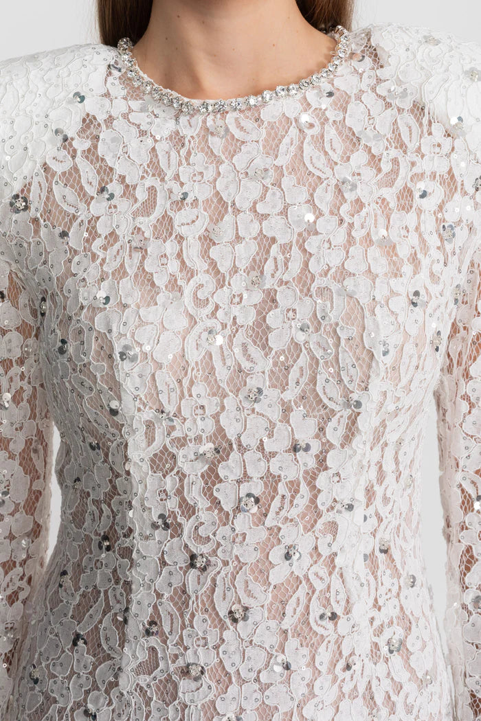 Sequin Lace Mini Dress With Structured Shoulders – White