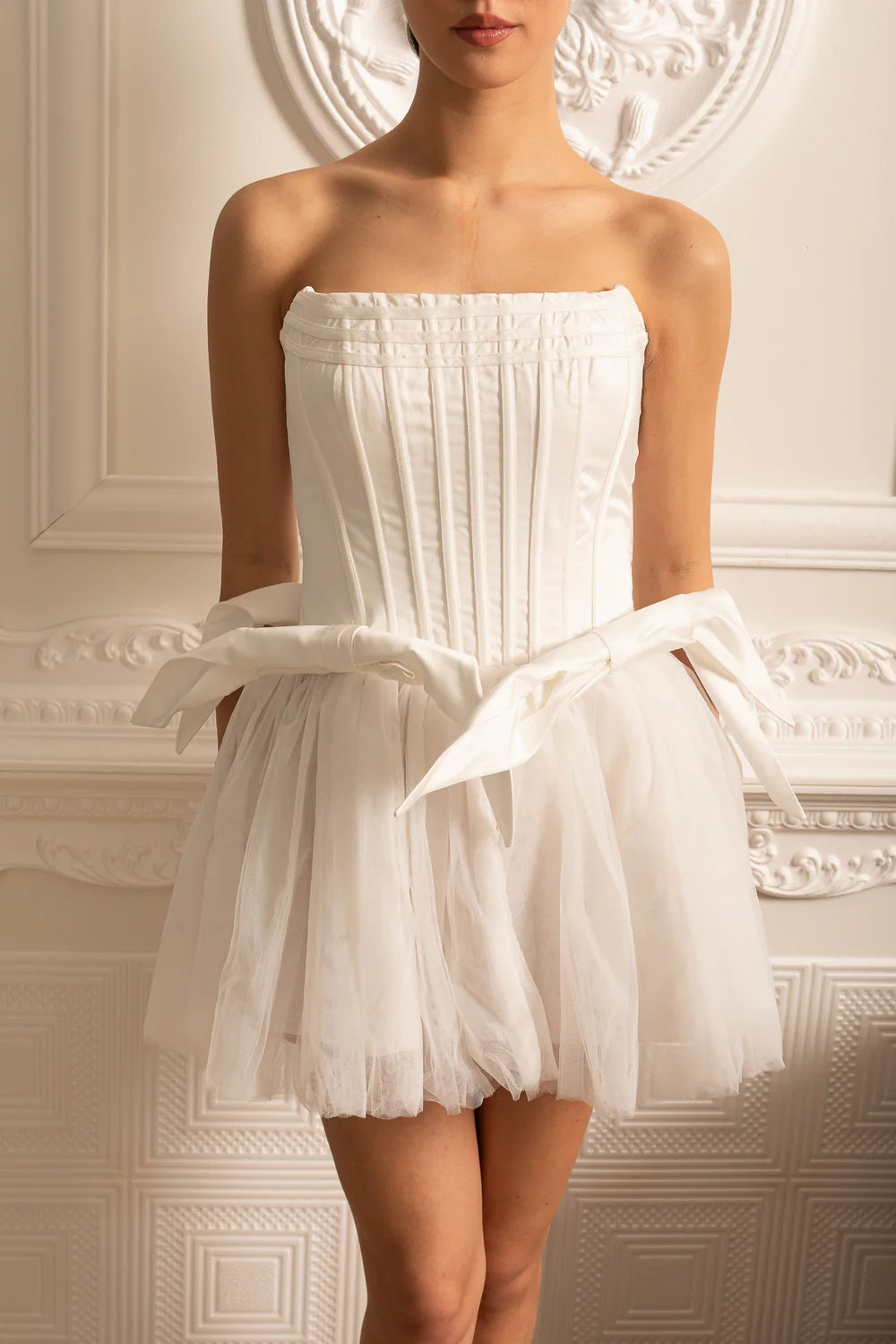Corset Dress With Tulle Mini Skirt And Waist Bows - White